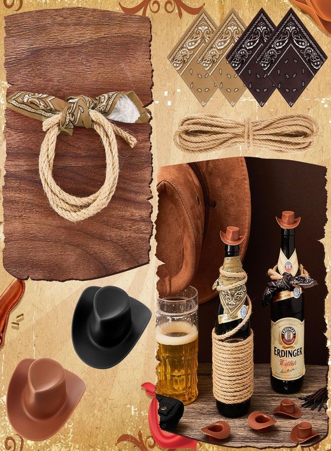 Leitee 20 Sets Mini Cowboy Hats for Crafts Plastic Tiny Cowgirl Hat with Bandannas for Western Cowboy Party Decoration(Brown, Black) - Image 3